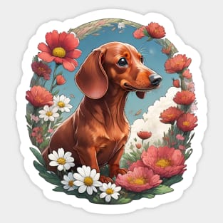 Red Dachshund And Spring Flowers Sticker